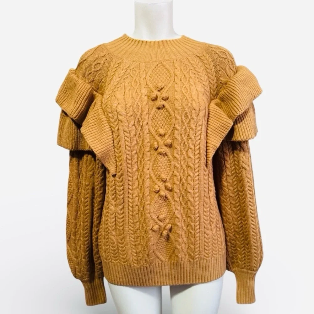 Mustard Cable Knit Ruffle Sweater - Chunky Cozy Fall Pullover - Women’s XL - Picture 2 of 10